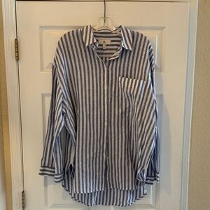 Banana Republic Blue and White %100 Linen Stripe Button-Down Shirt